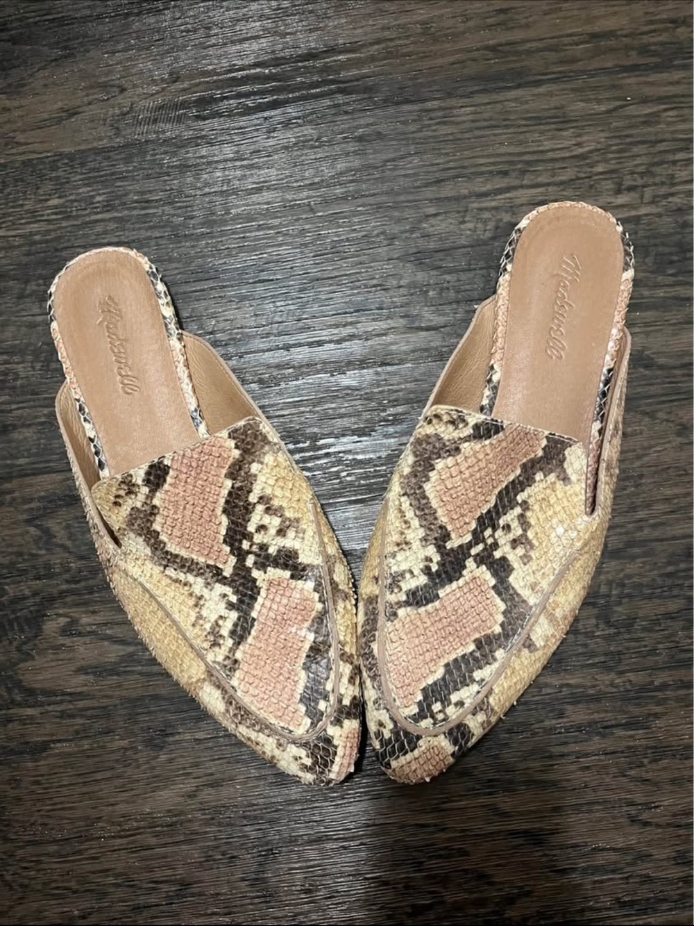 Madewell Snakeskin-Print Slip-On Mules in Tan, and Brown